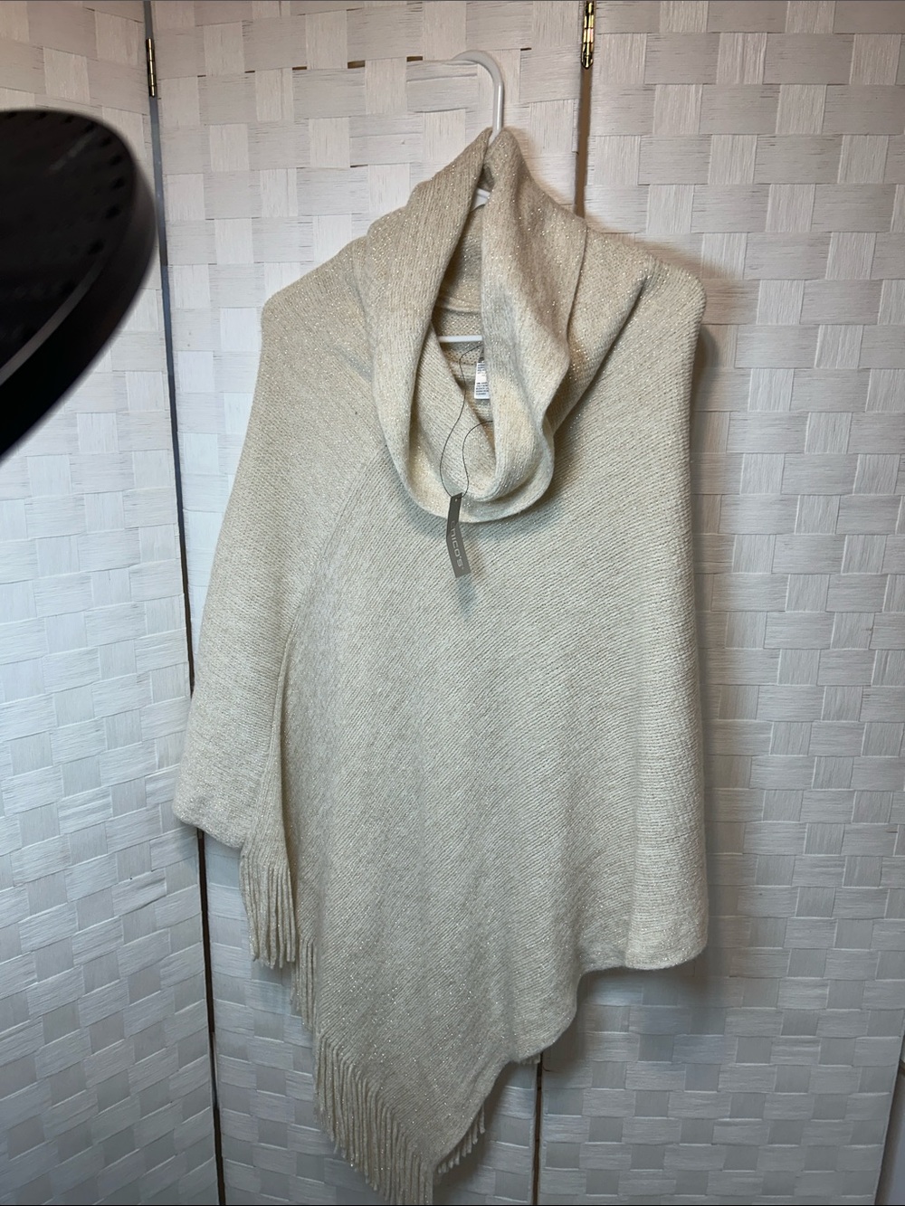 Chico's Cream Knit Poncho with Fringe Trim and Draped Collar - Picture 6 of 6